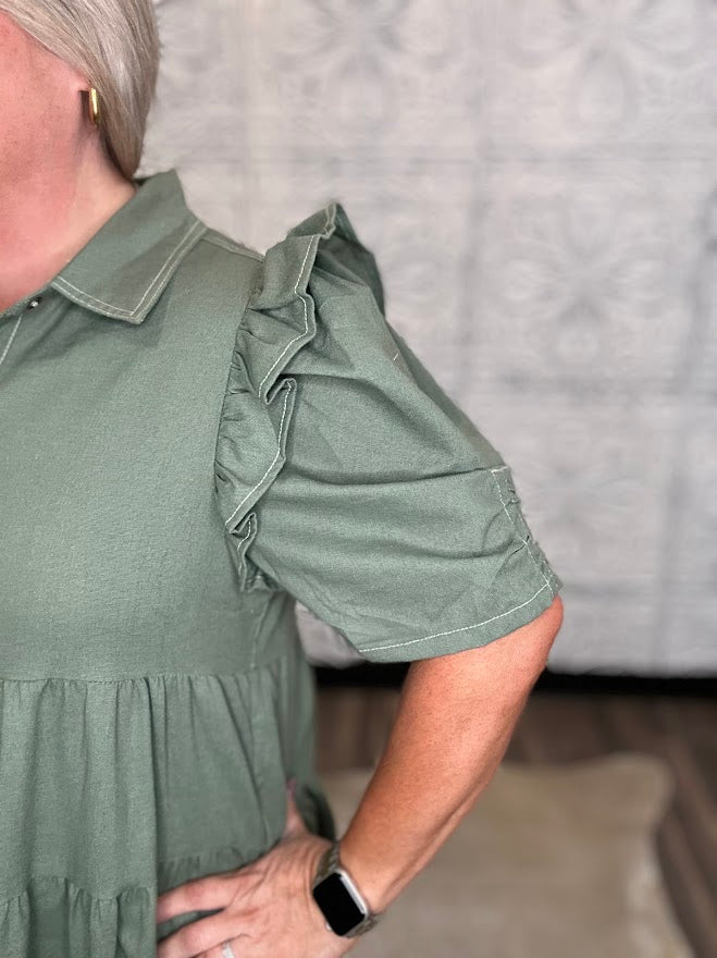 Olive Linen Ruffle Sleeve Tiered Shirt Dress