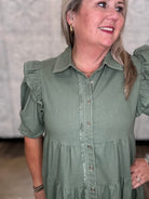 Olive Linen Ruffle Sleeve Tiered Shirt Dress