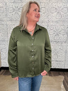 Olive Satin Crinkle Button-Down Blouse