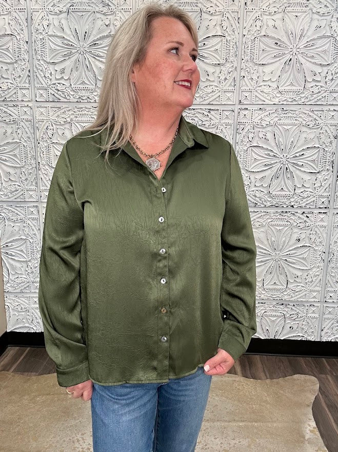 Olive Satin Crinkle Button-Down Blouse
