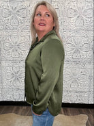 Olive Satin Crinkle Button-Down Blouse