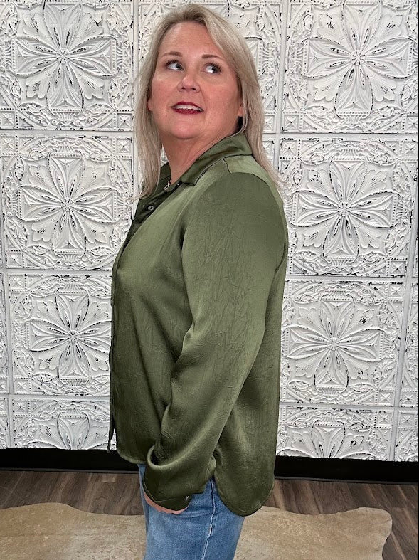 Olive Satin Crinkle Button-Down Blouse