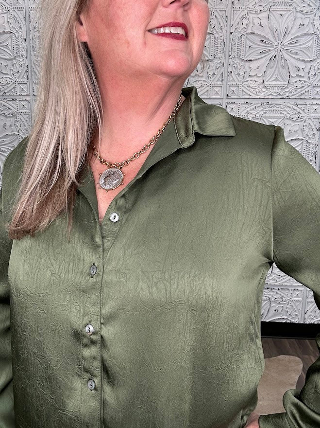 Olive Satin Crinkle Button-Down Blouse
