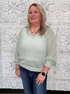 Open Weave Foil Knit V-Neck Sweater
