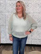 Open Weave Foil Knit V-Neck Sweater
