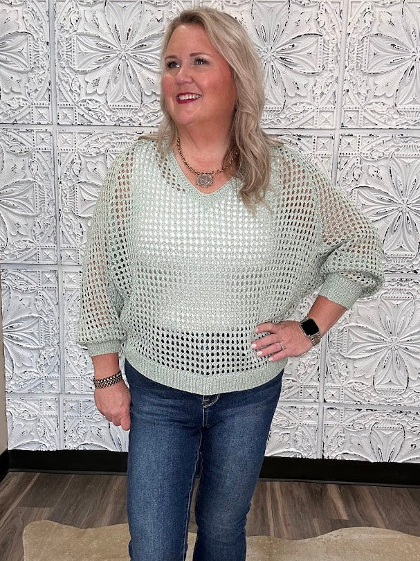 Open Weave Foil Knit V-Neck Sweater