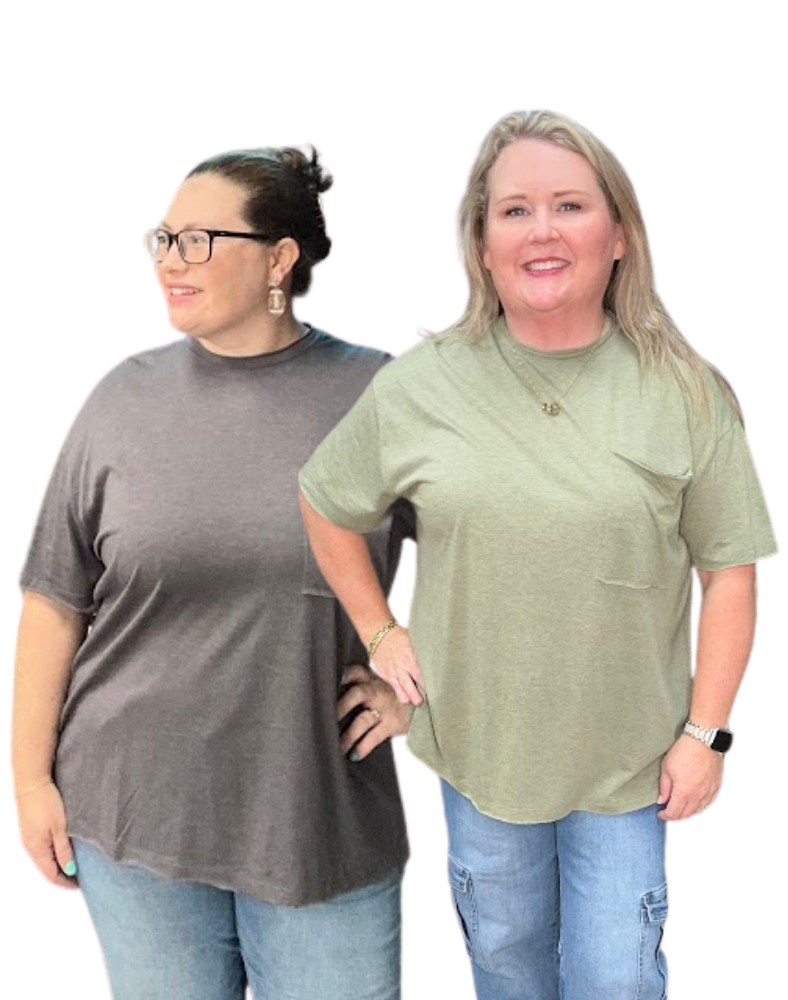 Soft tri-blend oversized boyfriend tee with raw-edge finish and front pocket. Relaxed drape, 29" length from S/M. Everyday comfy-cute.