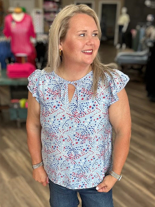 Patriotic Firework Print Flutter Sleeve Top