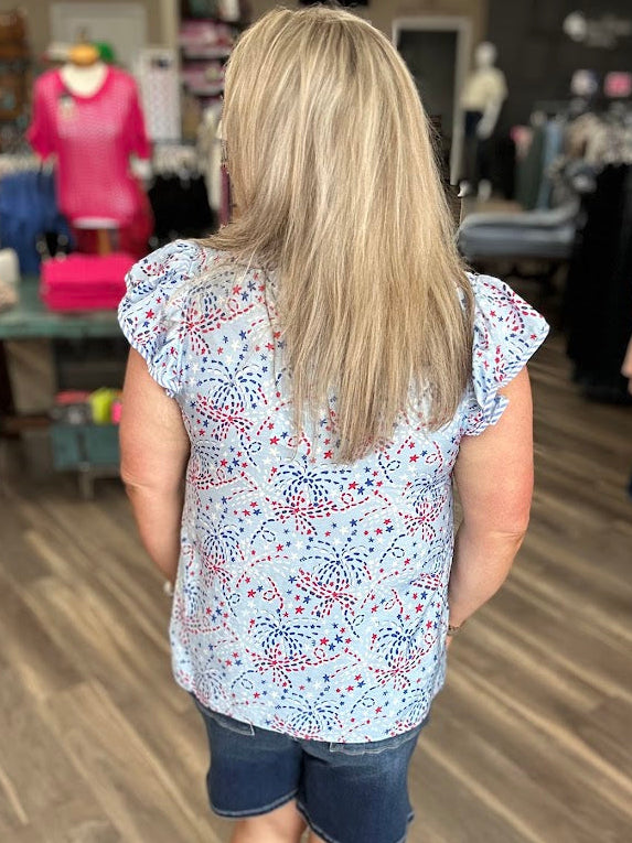Patriotic Firework Print Flutter Sleeve Top