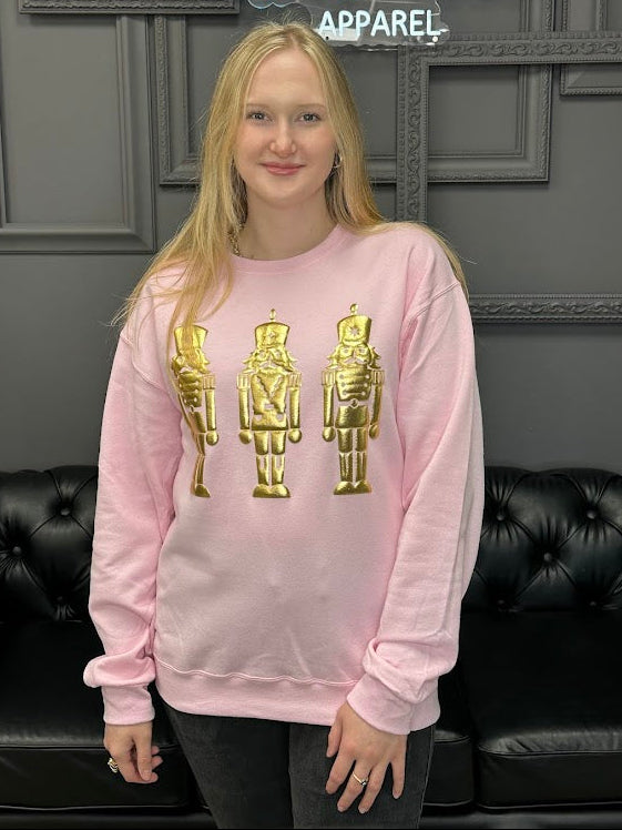 nutcracker sweatshirt, metallic puff sweatshirt, pink Christmas top, holiday sweatshirt, gold nutcracker sweater, festive boutique sweatshirt, cozy Christmas wear, women’s holiday pullover, nutcracker graphic top, boutique holiday outfit