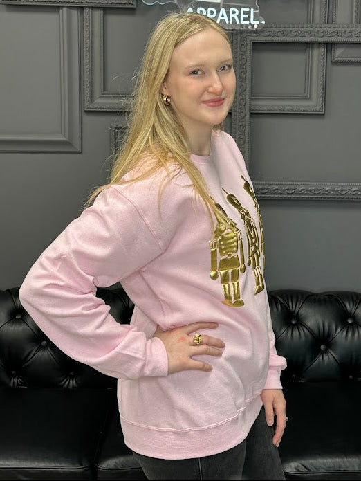 nutcracker sweatshirt, metallic puff sweatshirt, pink Christmas top, holiday sweatshirt, gold nutcracker sweater, festive boutique sweatshirt, cozy Christmas wear, women’s holiday pullover, nutcracker graphic top, boutique holiday outfit