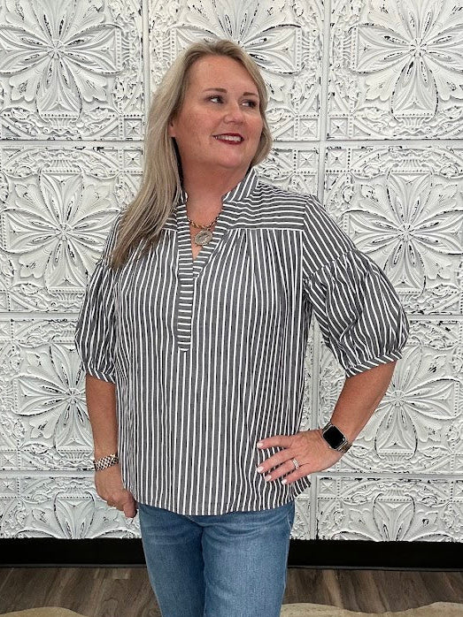 Pinstripe Bubble Sleeve Blouse