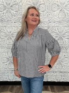 Pinstripe Bubble Sleeve Blouse