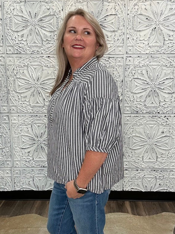 Pinstripe Bubble Sleeve Blouse
