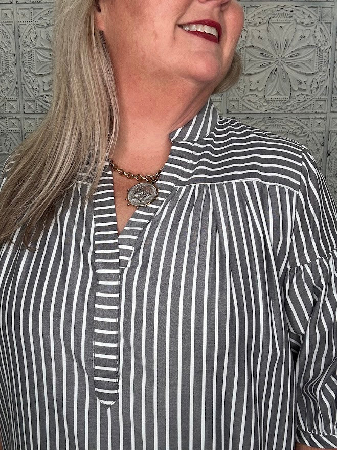 Pinstripe Bubble Sleeve Blouse