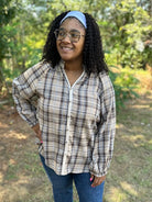 Plaid Button Down Balloon Sleeve Top