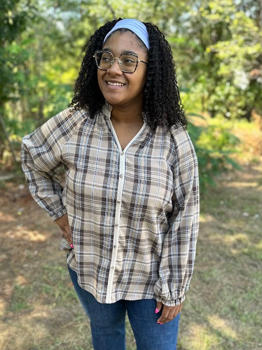 Plaid Button Down Balloon Sleeve Top
