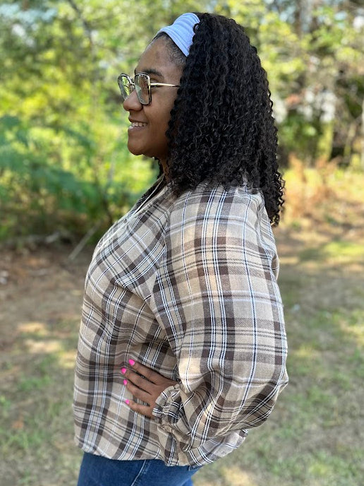 Plaid Button Down Balloon Sleeve Top