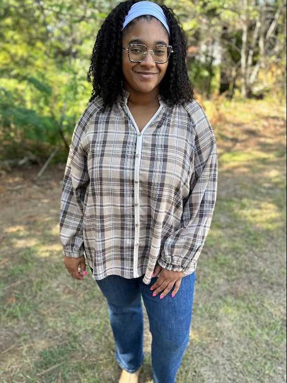 Plaid Button Down Balloon Sleeve Top