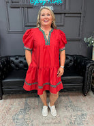 red plaid trim dress, puff sleeve holiday dress, festive mini dress, red Christmas dress, plus size red dress, Gypsy River apparel dresses