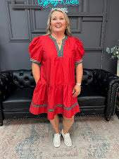 red plaid trim dress, puff sleeve holiday dress, festive mini dress, red Christmas dress, plus size red dress, Gypsy River apparel dresses