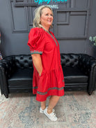 red plaid trim dress, puff sleeve holiday dress, festive mini dress, red Christmas dress, plus size red dress, Gypsy River apparel dresses