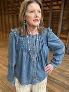 Pleated Ruffle Shoulder Denim Blouse