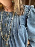 Pleated Ruffle Shoulder Denim Blouse
