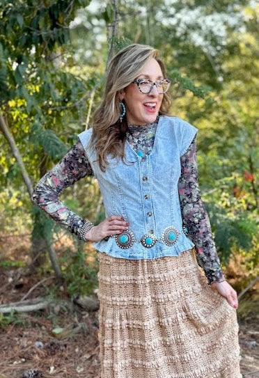 Pleated Washed Denim Button-Front Vest