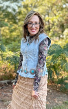 Pleated Washed Denim Button-Front Vest