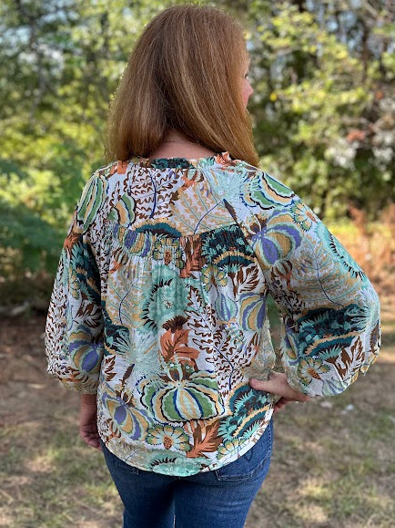 Printed Smocked Yoke Button Down Blouse