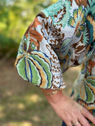 Printed Smocked Yoke Button Down Blouse