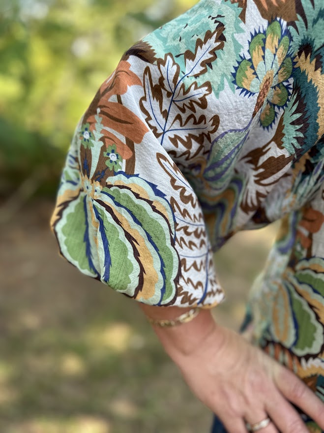 Printed Smocked Yoke Button Down Blouse