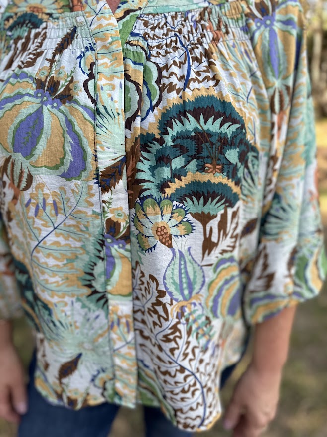 Printed Smocked Yoke Button Down Blouse
