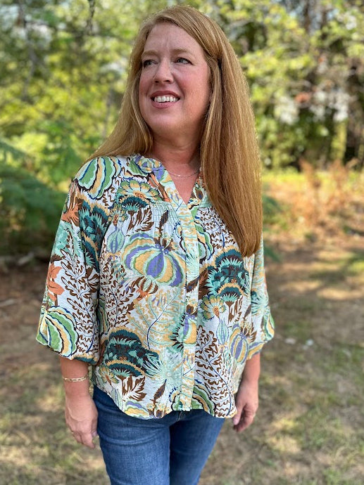 Printed Smocked Yoke Button Down Blouse