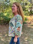 Printed Smocked Yoke Button Down Blouse