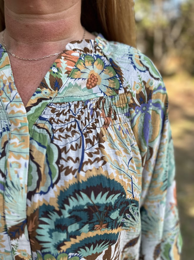 Printed Smocked Yoke Button Down Blouse