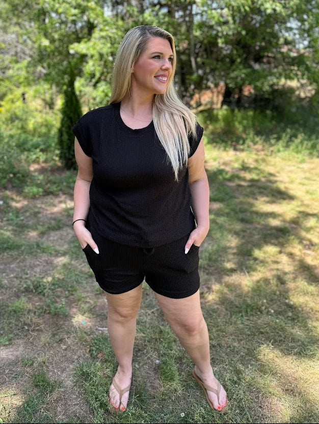 Raised Rib Cap Sleeve Top & Drawstring Shorts Lounge Set