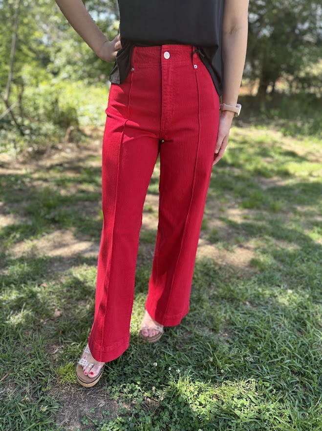 Red High Rise Wide Leg Ankle Pants