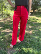 Red High Rise Wide Leg Ankle Pants