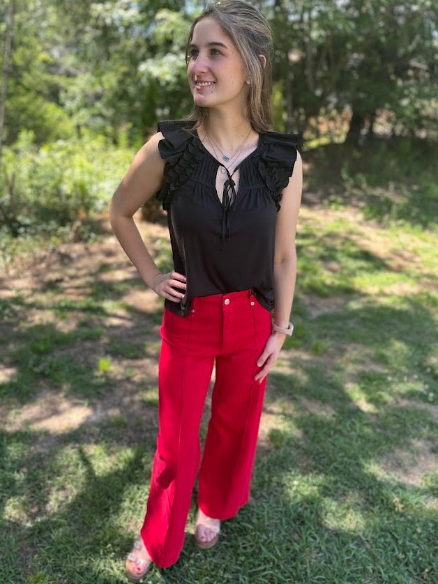 Red High Rise Wide Leg Ankle Pants