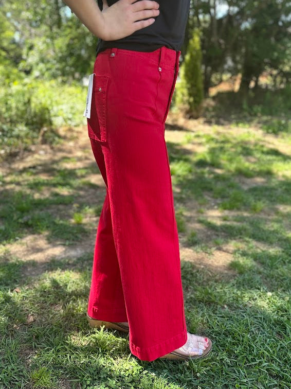 Red High Rise Wide Leg Ankle Pants