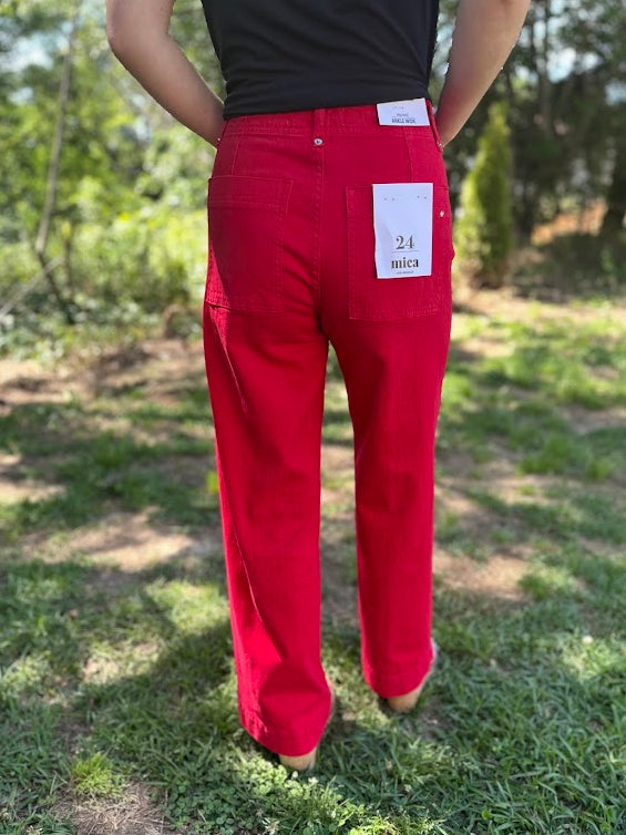 Red High Rise Wide Leg Ankle Pants