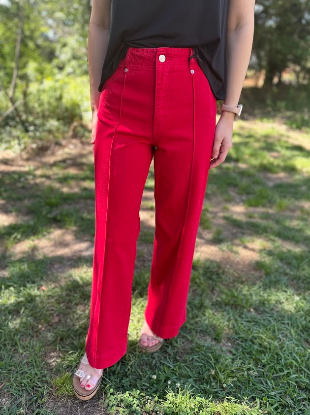 Red High Rise Wide Leg Ankle Pants