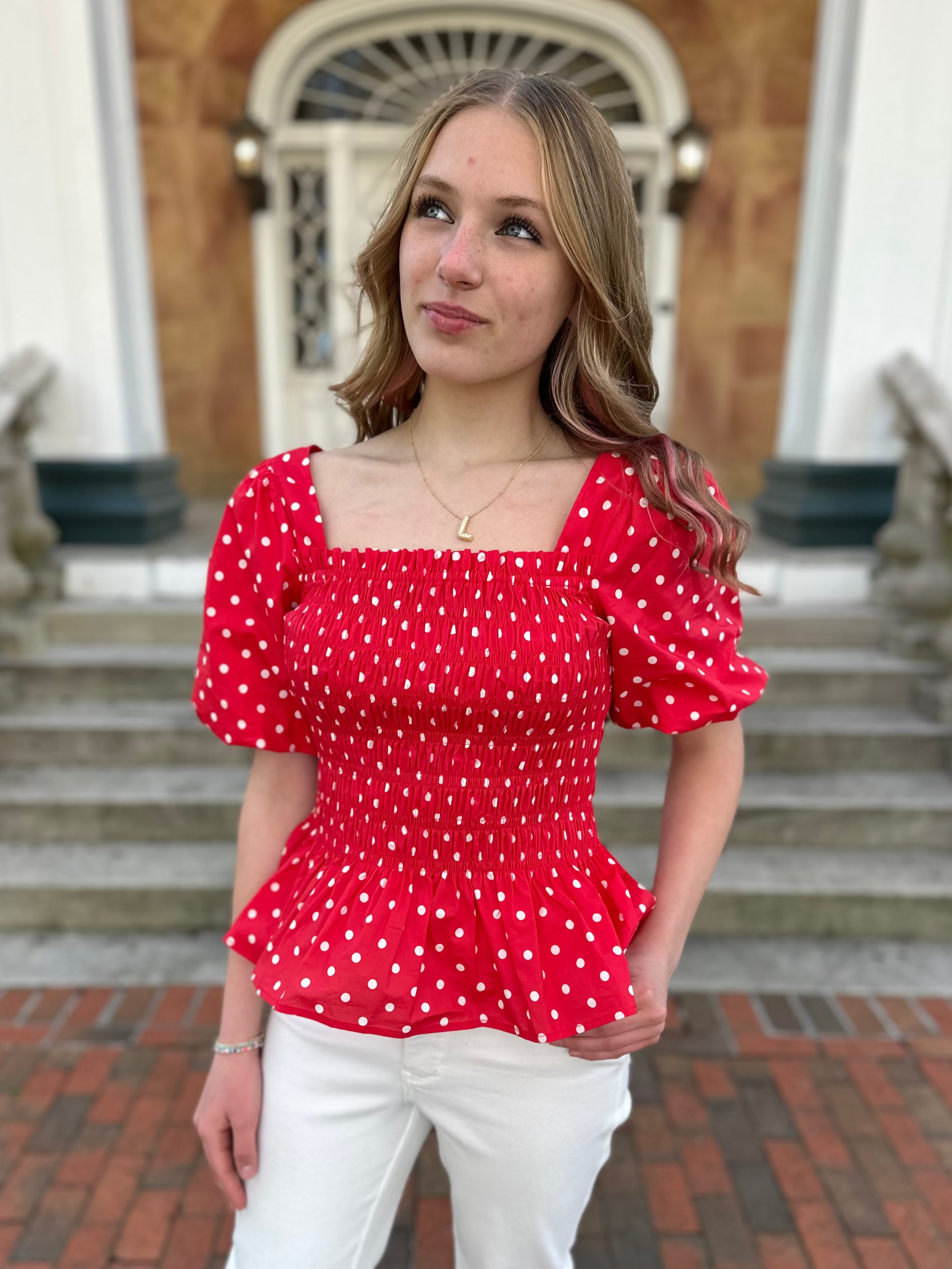 red polka dot top, smocked peplum blouse, puff sleeve blouse, square neck top, feminine summer top, dressy casual blouse, peplum shirt women
