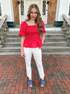 red polka dot top, smocked peplum blouse, puff sleeve blouse, square neck top, feminine summer top, dressy casual blouse, peplum shirt women