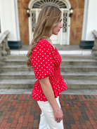 red polka dot top, smocked peplum blouse, puff sleeve blouse, square neck top, feminine summer top, dressy casual blouse, peplum shirt women