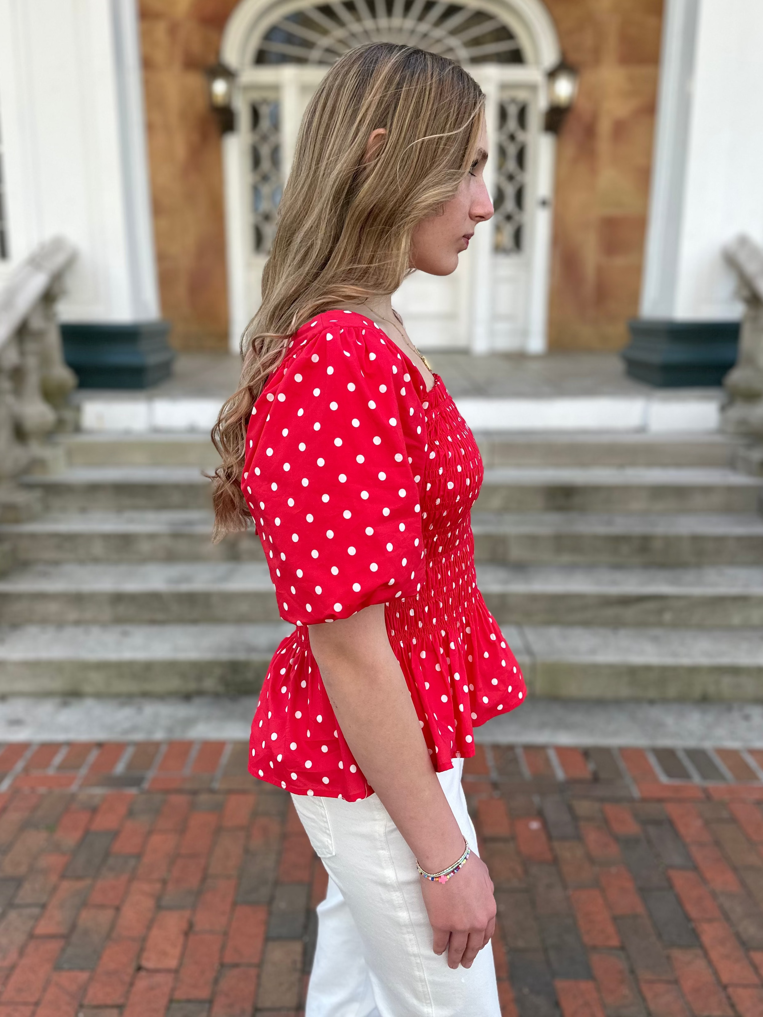 red polka dot top, smocked peplum blouse, puff sleeve blouse, square neck top, feminine summer top, dressy casual blouse, peplum shirt women
