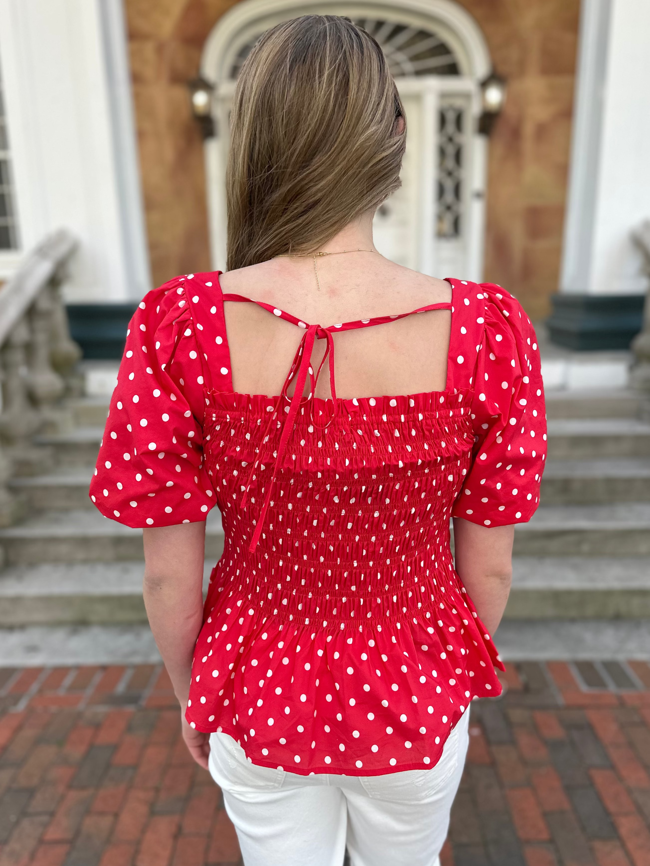 red polka dot top, smocked peplum blouse, puff sleeve blouse, square neck top, feminine summer top, dressy casual blouse, peplum shirt women