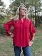 Red Ruffled Bell Sleeve Blouse with Pleated Detail
